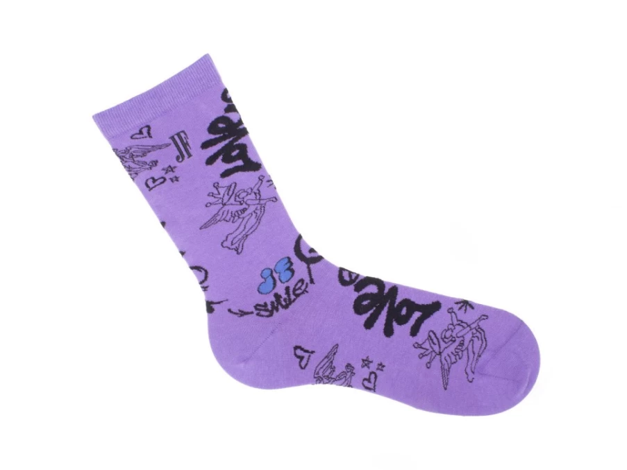 Fluevog Shoes Wolfie Vog Socks - Custom Purple Graffiti Print Socks for Men & Women