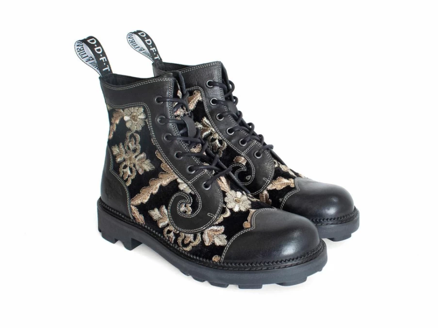 Fluevog Shoes Derby Swirl 6-Eye Classic Derby Boot in Black Jacquard