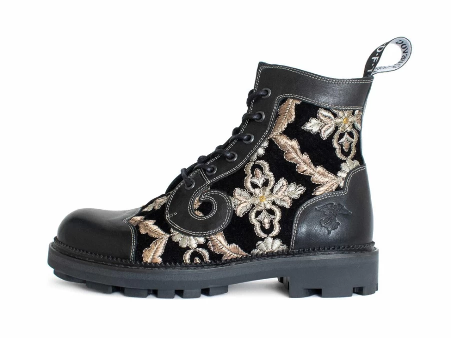 Fluevog Shoes Derby Swirl 6-Eye Classic Derby Boot in Black Jacquard