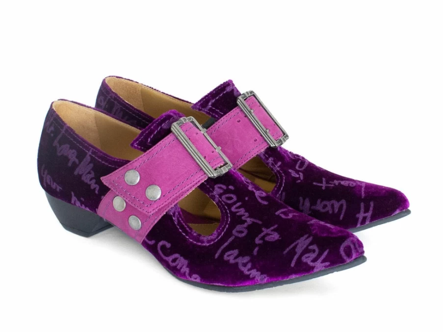 Fluevog Shoes Pilgrim Buckled Victorian Loafer in Purple Velvet - Vintage Style Slip-On