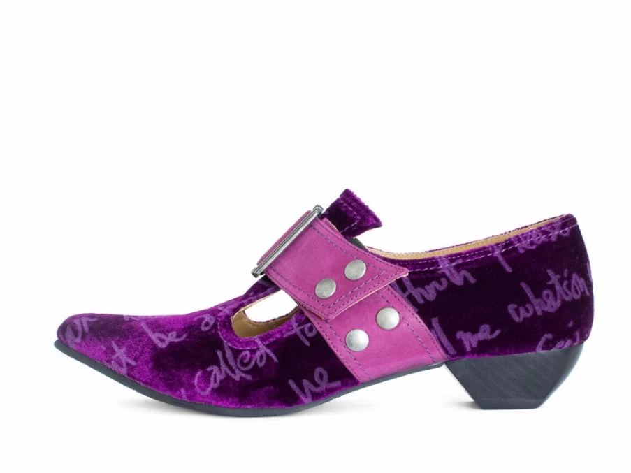 Fluevog Shoes Pilgrim Buckled Victorian Loafer in Purple Velvet - Vintage Style Slip-On