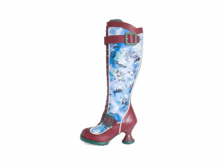 Fluevog Shoes Burgundy Graffiti Tall Buckle Boot With Zipper - Sugarcandy Style