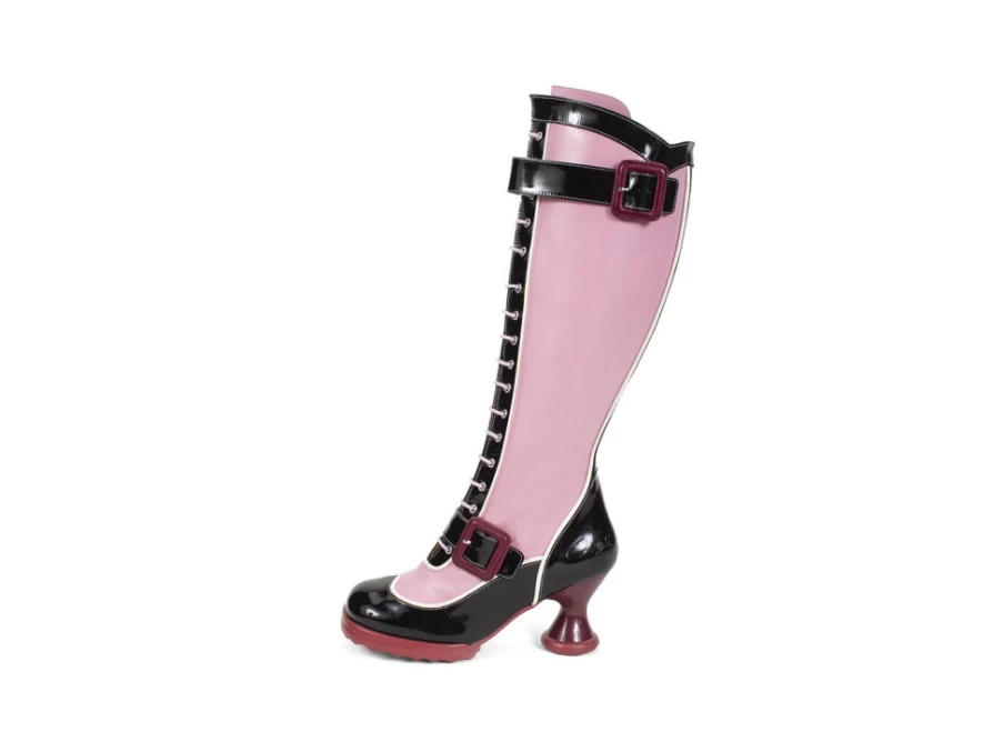 Fluevog Shoes Pink/Black Tall Buckle Boot With Zipper - Sugarcandy Style