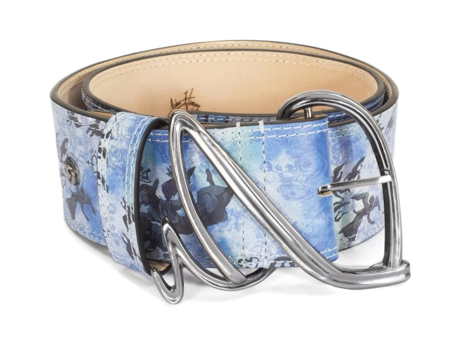 Fluevog Shoes Gawain Wide Waist Belt in Blue Graffiti – Stylish & Durable Design