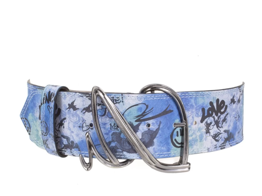 Fluevog Shoes Gawain Wide Waist Belt in Blue Graffiti – Stylish & Durable Design