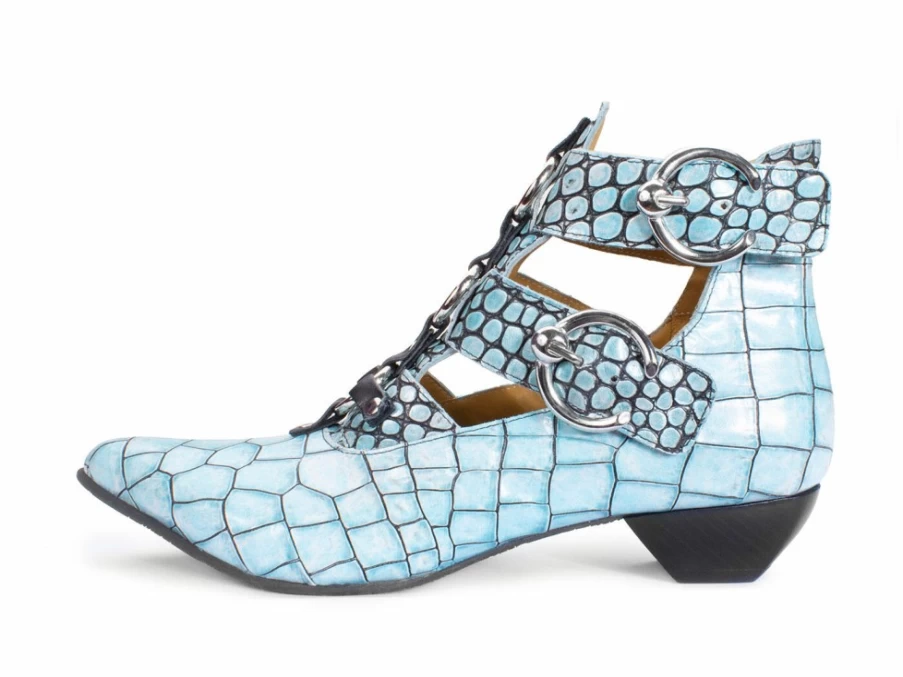 Fluevog Shoes Tammi Rose Blue Croc Strappy Ankle Bootie | Stylish Women's Boots
