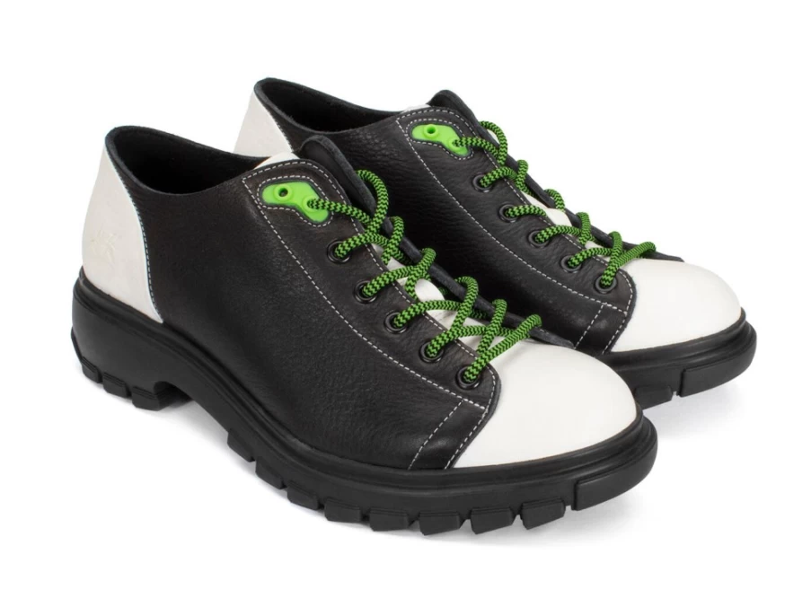 Fluevog Shoes Mardi Leather Hiker Boots in Black/White | Durable Outdoor Footwear