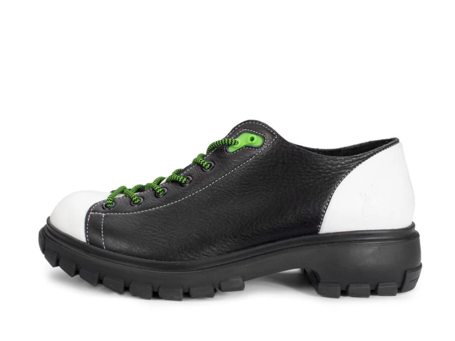 Fluevog Shoes Mardi Leather Hiker Boots in Black/White | Durable Outdoor Footwear