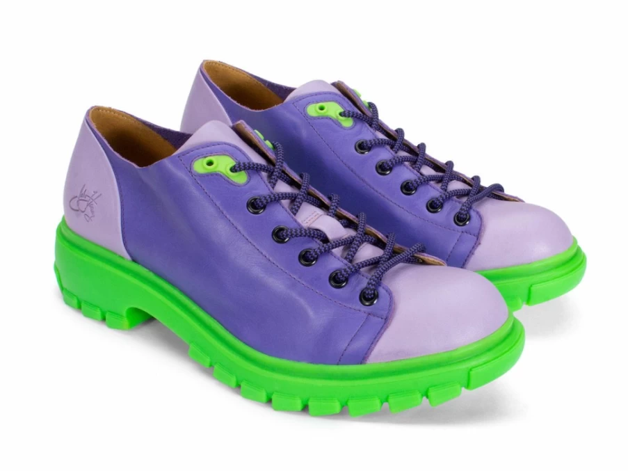 Fluevog Shoes Mardi Leather Hiker Boots in Purple & Green - Durable Outdoor Footwear