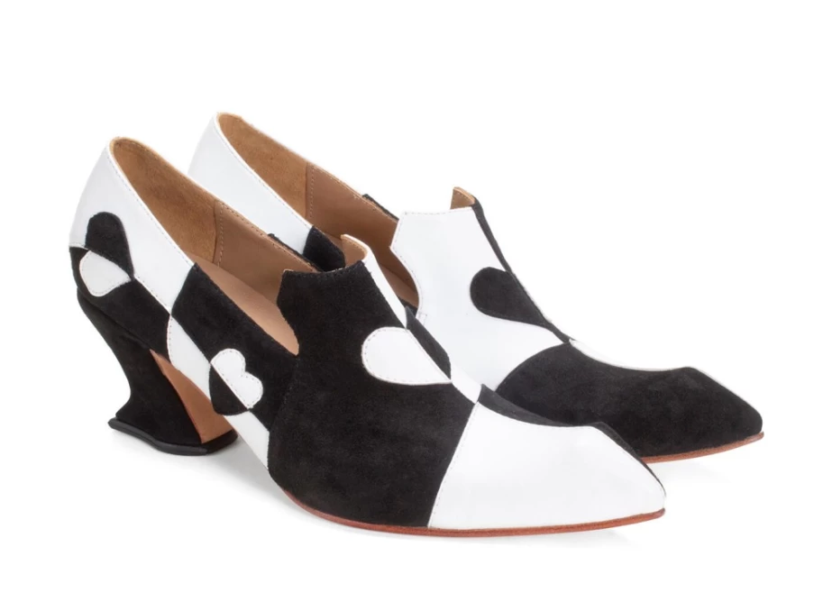 Fluevog Shoes Kaija Black/Bone Loafer Heel With Hearts - Stylish Women's Loafers