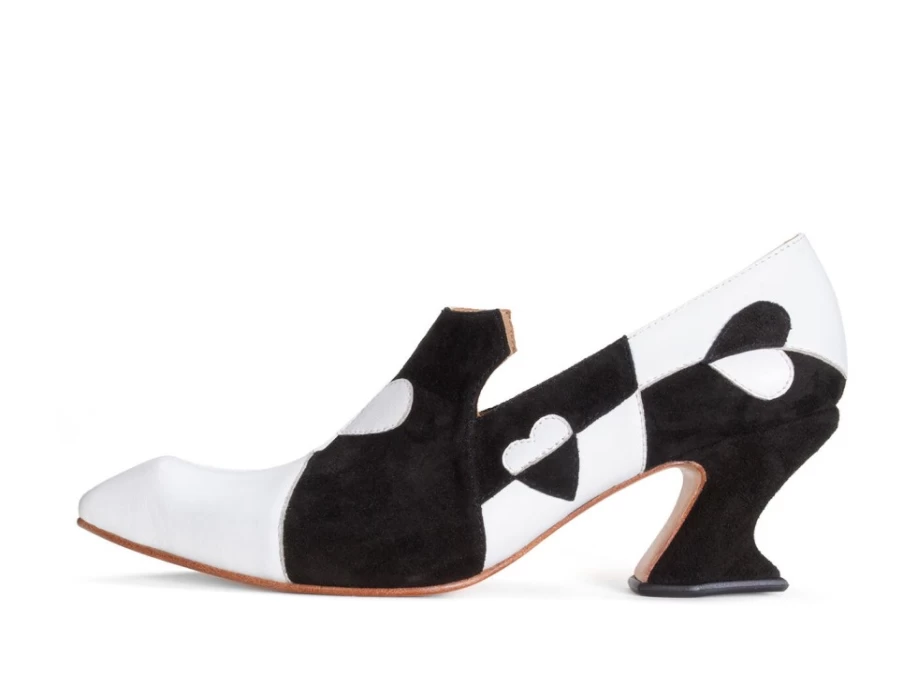 Fluevog Shoes Kaija Black/Bone Loafer Heel With Hearts - Stylish Women's Loafers
