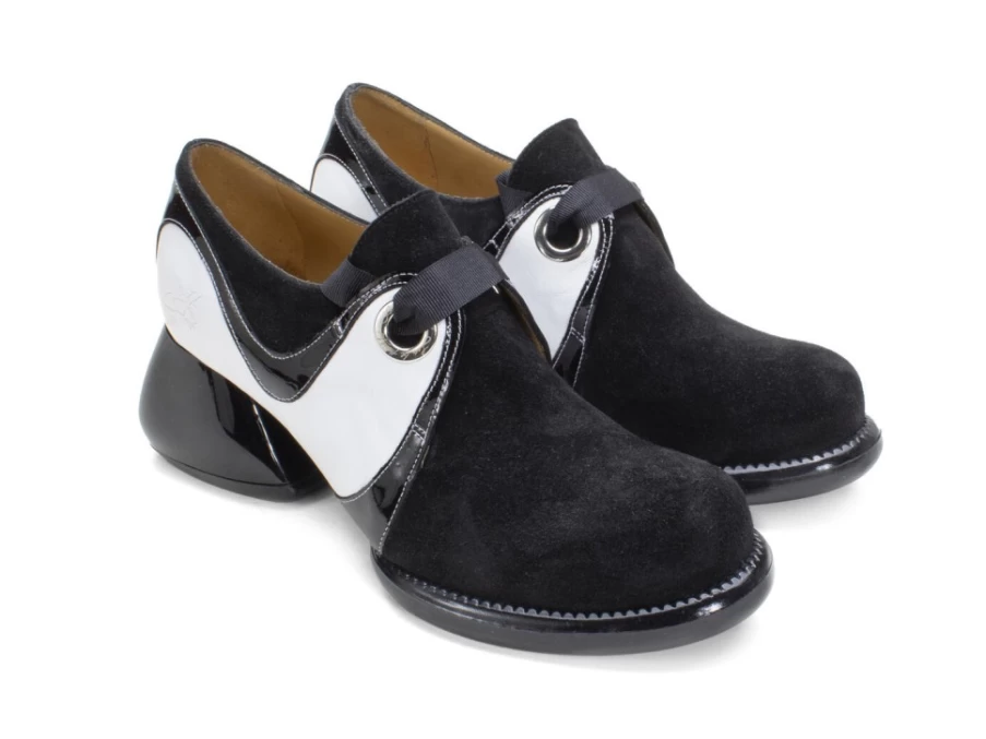 Fluevog Shoes Jasper - Black/White Swirl Pattern Sneakers with Decorative Ribbon Laces