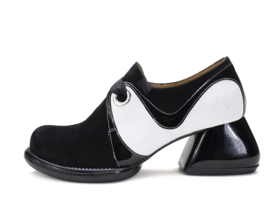Fluevog Shoes Jasper - Black/White Swirl Pattern Sneakers with Decorative Ribbon Laces