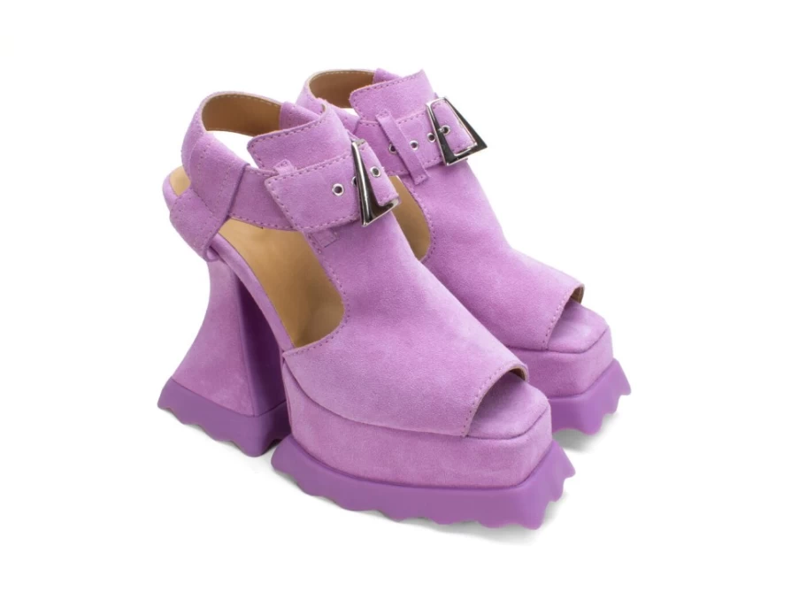 Fluevog Shoes Purple Daisy T-Strap Platform Heels for Women