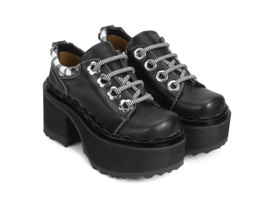 Fluevog Fizzy Flowery Platform Shoes in Black & White | Retro Chunky Heel