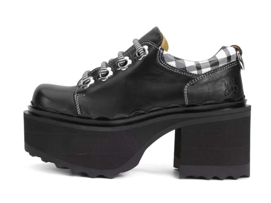 Fluevog Fizzy Flowery Platform Shoes in Black & White | Retro Chunky Heel