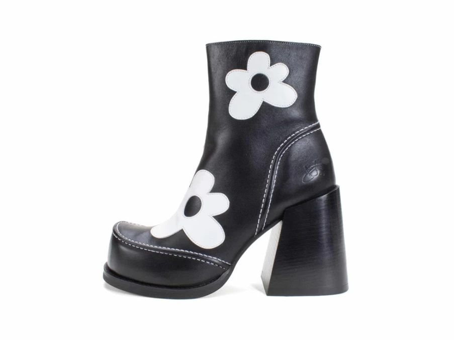 Fluevog Shoes Rory Black White Floral Zip-Up Boots for Women