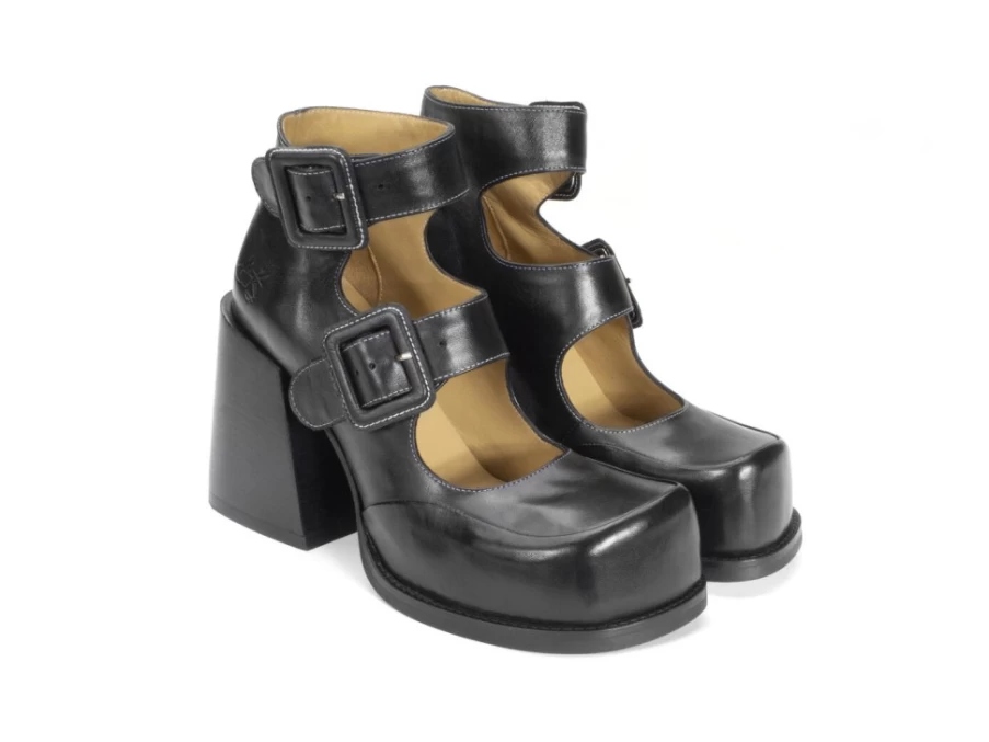Fluevog Shoes Dionna Black Double-Strap Ankle Boots for Women