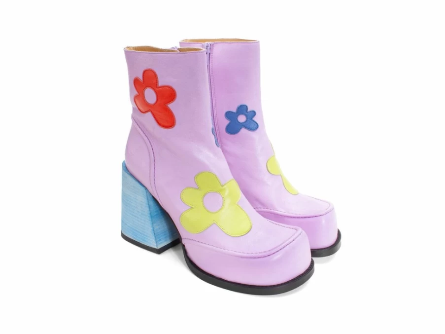 Fluevog Shoes Rory Purple Multi Floral Zip-Up Boots for Women