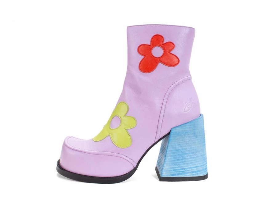 Fluevog Shoes Rory Purple Multi Floral Zip-Up Boots for Women