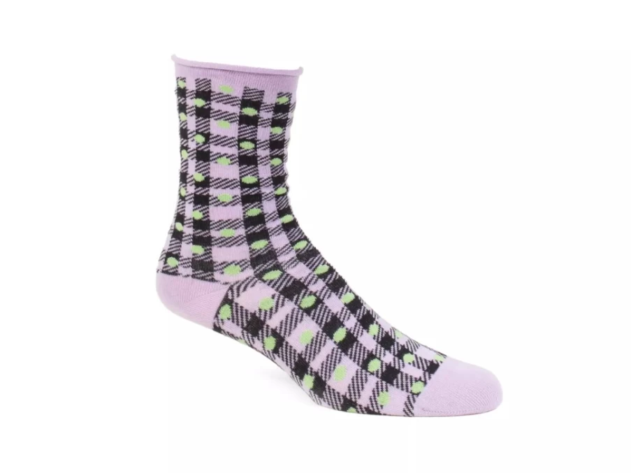 Fluevog Shoes Valentina Vog Socks - Black, Purple, Green Gingham Polka Dot Pattern Socks