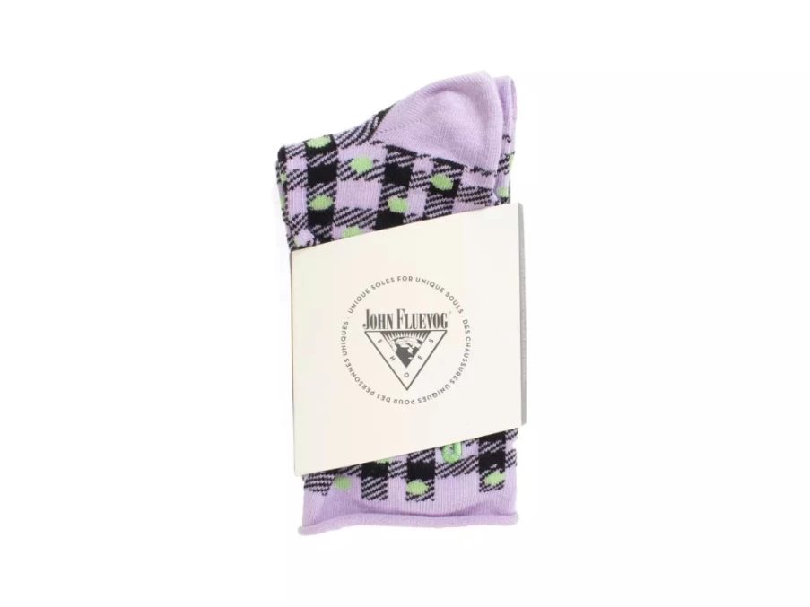 Fluevog Shoes Valentina Vog Socks - Black, Purple, Green Gingham Polka Dot Pattern Socks