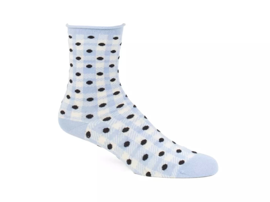 Fluevog Shoes Valentina Vog Socks - Off White, Blue, Black Gingham Polka Dot Pattern