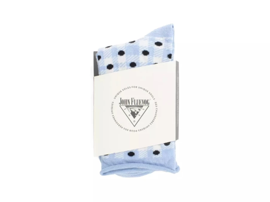 Fluevog Shoes Valentina Vog Socks - Off White, Blue, Black Gingham Polka Dot Pattern