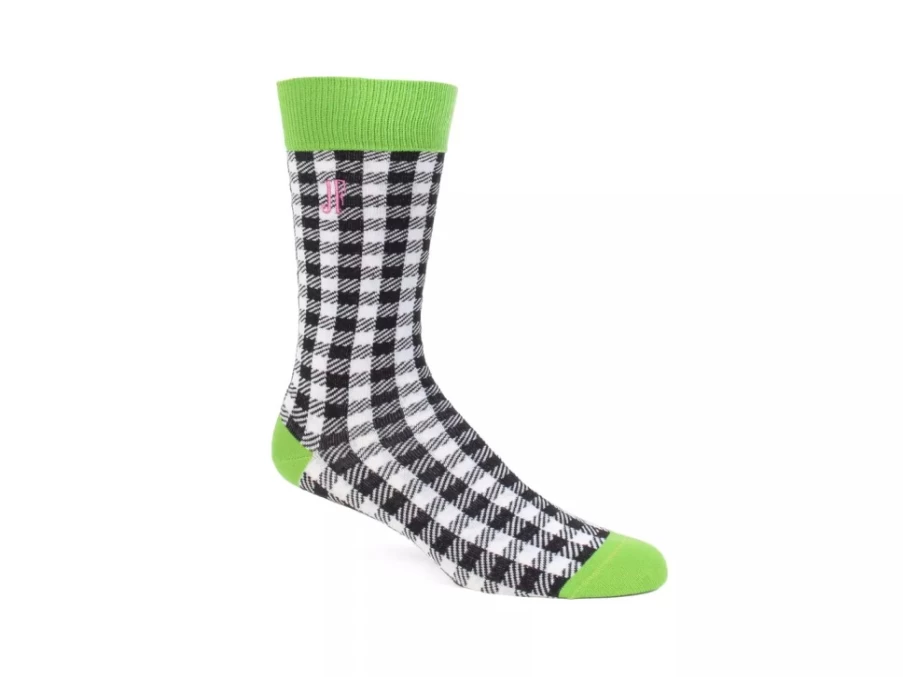 Fluevog Shoes Leroy Vog Gingham Socks - Off White, Green, Black Striped Casual Socks
