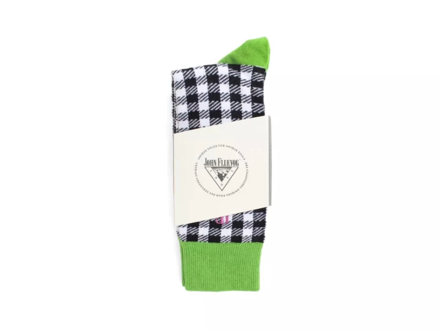 Fluevog Shoes Leroy Vog Gingham Socks - Off White, Green, Black Striped Pattern