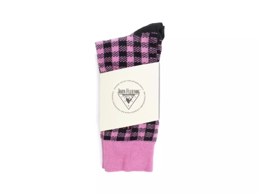 Fluevog Shoes Leroy Vog Gingham Socks - Pink and Black Striped Casual Socks