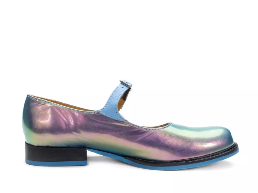 Fluevog Shoes Blue Metallic Barnett Flat Mary Jane Women's Loafers