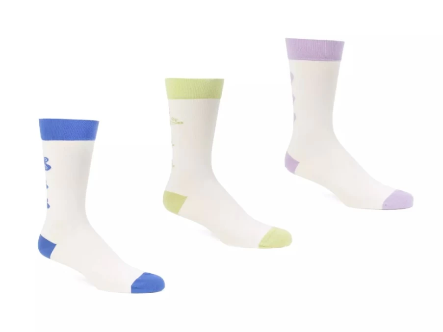 Fluevog Shoes Baz Vog Graphic Socks 3-Pack - Blue, Green, Purple Colorful Crew Socks