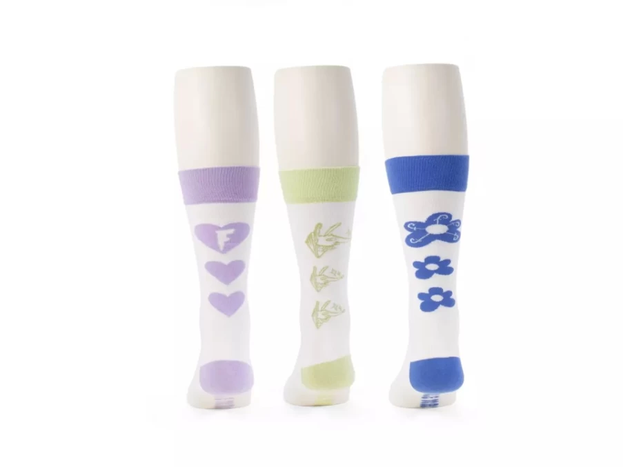 Fluevog Shoes Baz Vog Graphic Socks 3-Pack - Blue, Green, Purple Colorful Crew Socks