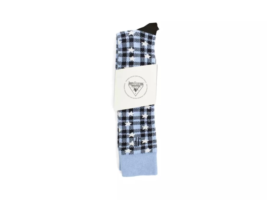 Fluevog Shoes Mochi Vog Socks - Black/Blue Stars Spotted Gingham Pattern Socks