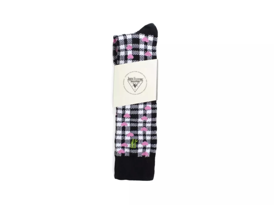 Fluevog Shoes Mochi Vog Socks - White Black Pink Hearts Spotted Gingham Pattern