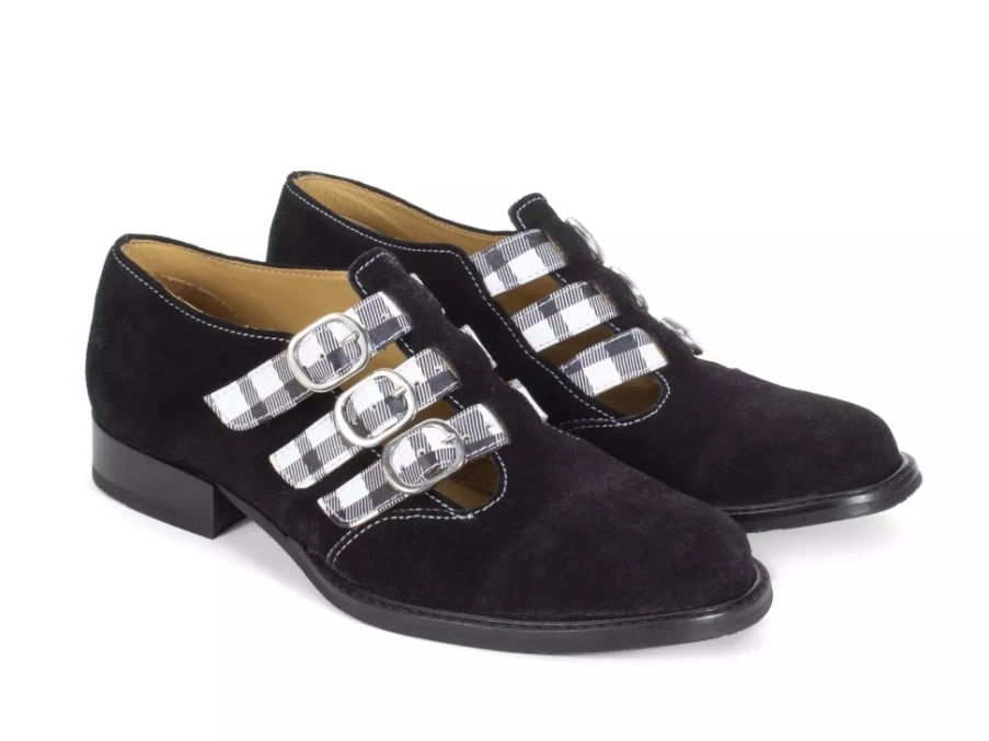Fluevog Shoes Black/Plaid Triple-Strap Buckle Shoe | Mcphee Style