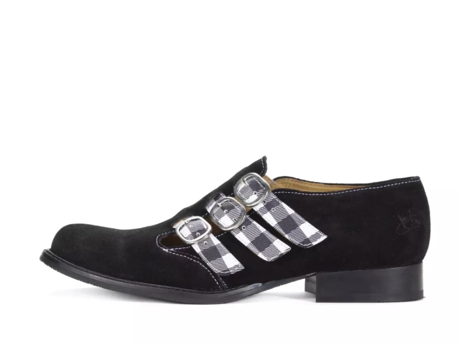 Fluevog Shoes Black/Plaid Triple-Strap Buckle Shoe | Mcphee Style