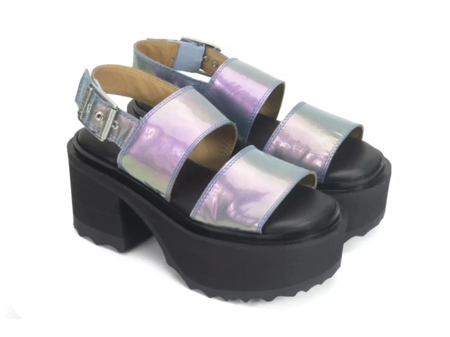 Fluevog Shoes Razzle Blue Metallic Platform Sandals for Women - Stylish & Comfortable