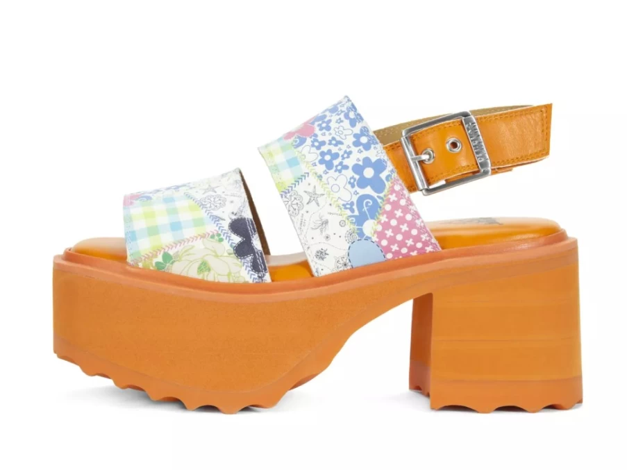 Fluevog Shoes Razzle Platform Sandal in Patchwork/Orange | Bold & Comfortable Design