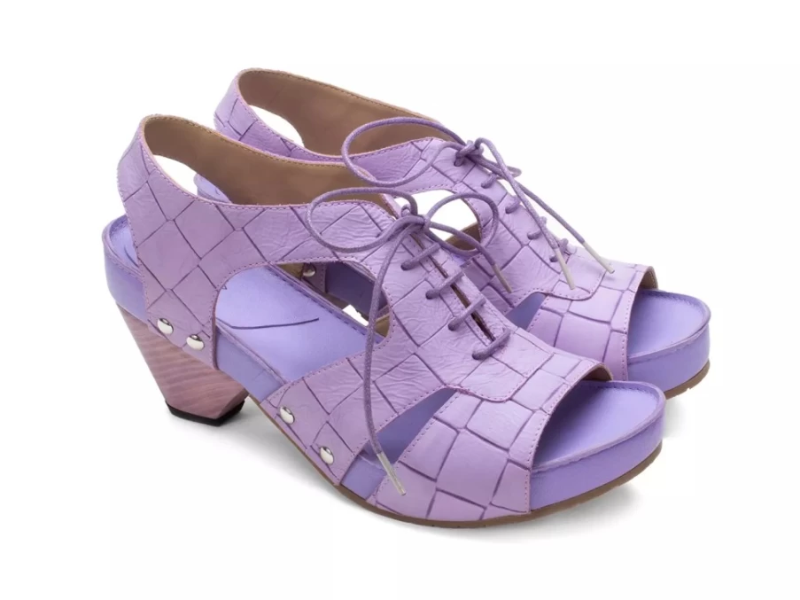 Fluevog Shoes Joni Lace-Up Slingback Sandal in Purple Weave | Stylish Women's Heels