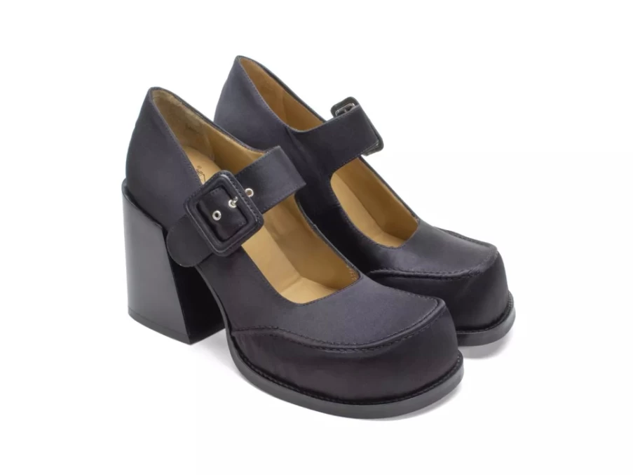 Fluevog Shoes Laurie Platform Mary Jane Pumps in Black Satin | Women's Fashion Footwear