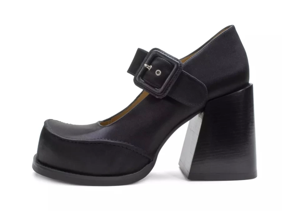 Fluevog Shoes Laurie Platform Mary Jane Pumps in Black Satin | Women's Fashion Footwear