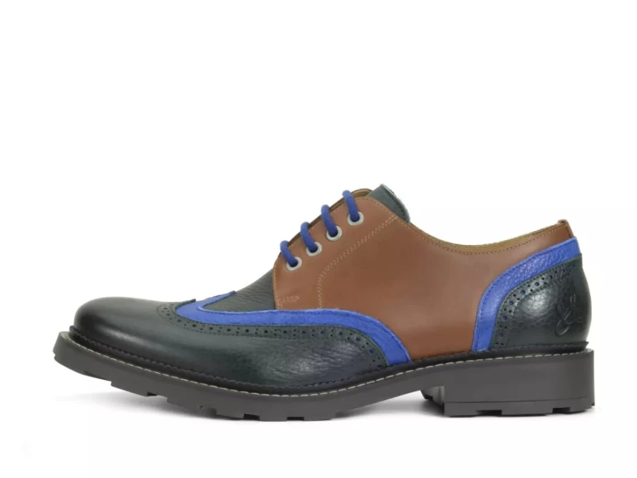 Fluevog Shoes Nathaniel Double Wingtip Derby in Green, Blue, and Brown