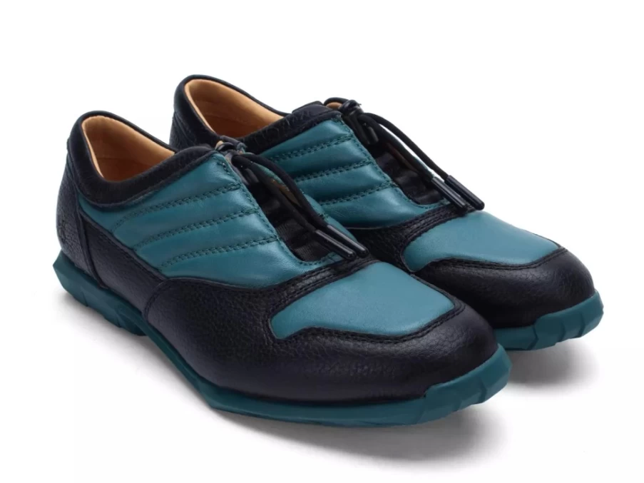Fluevog Shoes Meridian Slip-On Sneakers with Plastic Toggle in Black & Teal