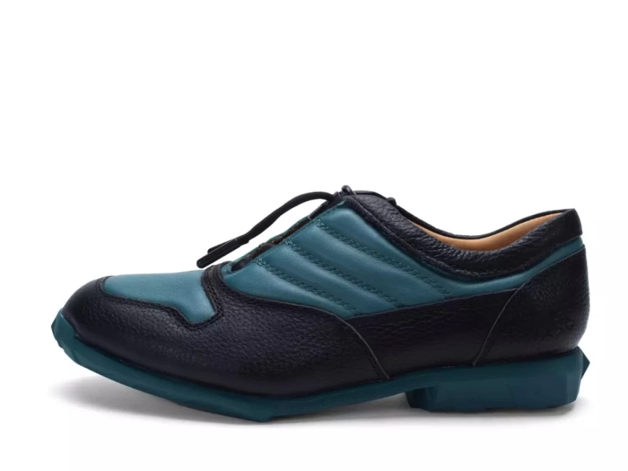 Fluevog Shoes Meridian Slip-On Sneakers with Plastic Toggle in Black & Teal