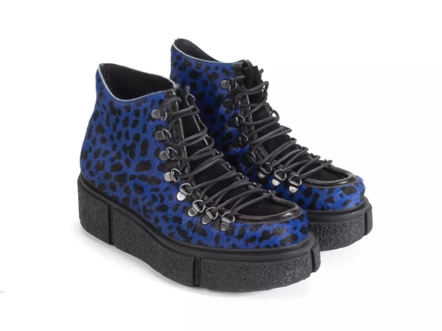 Fluevog Shoes Blue Cheetah Lace-Up Platform Hiker Boots | Hooke Style