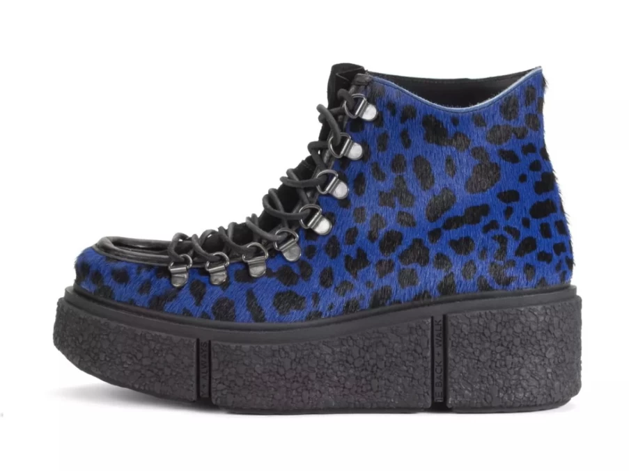 Fluevog Shoes Blue Cheetah Lace-Up Platform Hiker Boots | Hooke Style