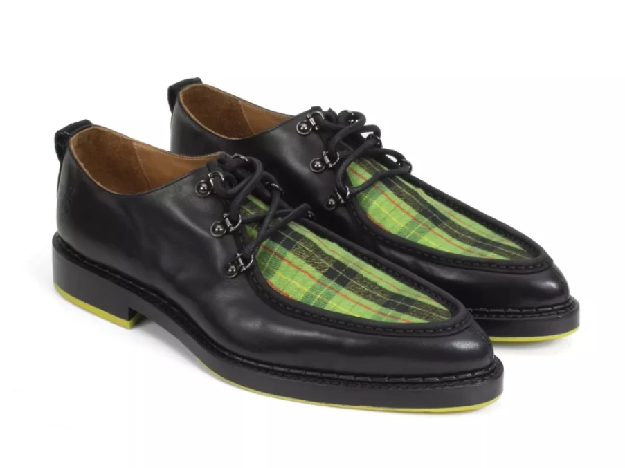 Fluevog Shoes Thorp Black Green Plaid D-Ring Lace-Up Oxfords