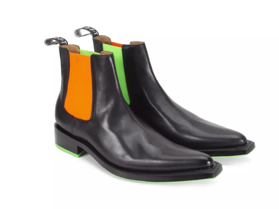 Fluevog Shoes Lyngenfjord Black Neon Pointed Toe Chelsea Boots for Men/Women